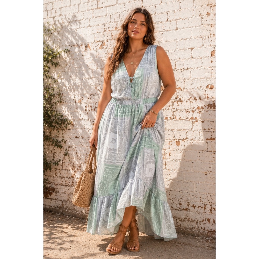 Universal Thread Green Cotton Bandana Patchwork Maxi Dress Boho XXL